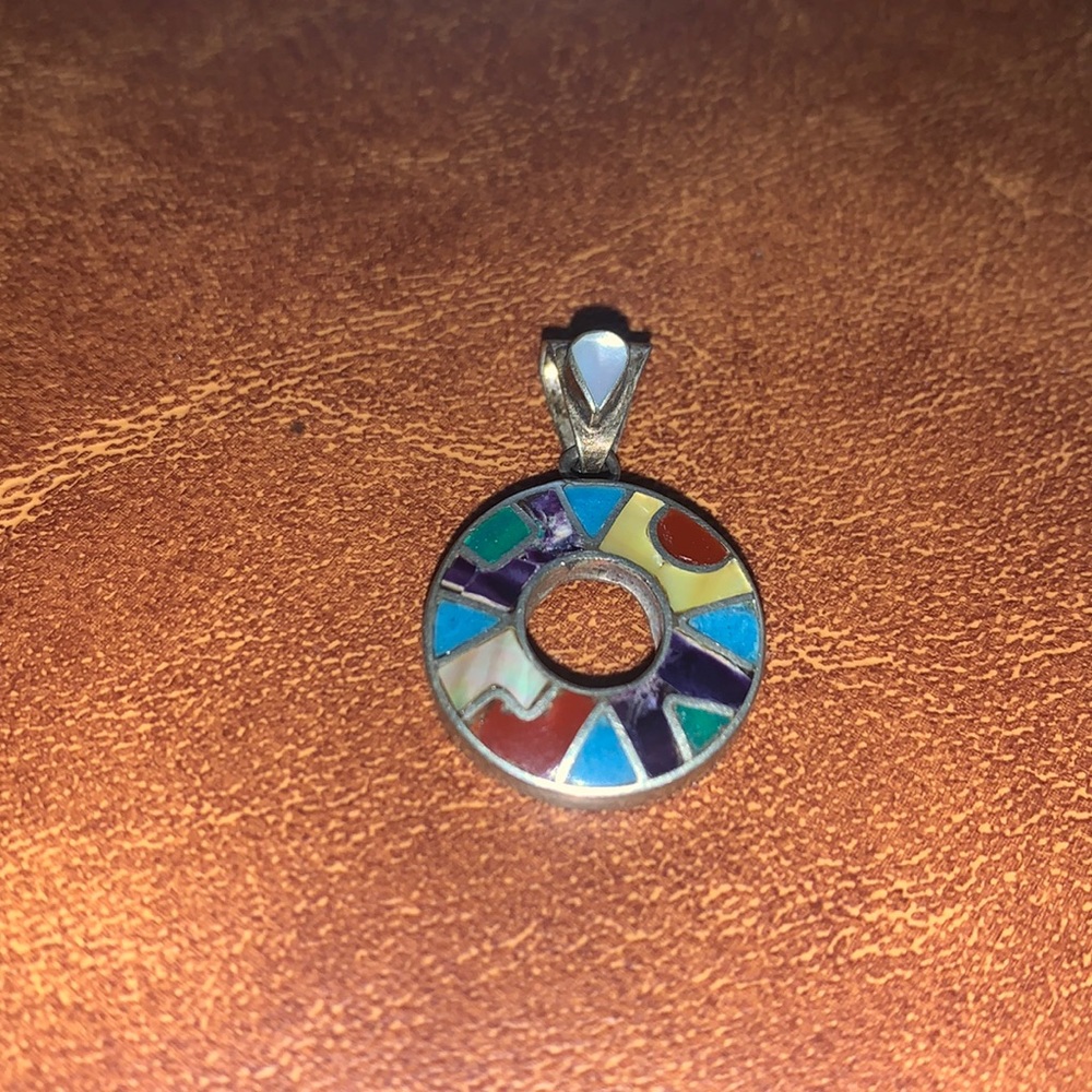 Peruvian Sterling silver multicolored mother of pearl stone circular pendant